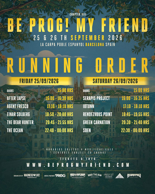 Cartel oficial completo con los horarios de Be Prog! My Friend, 25 y 26 de septiembre de 2026