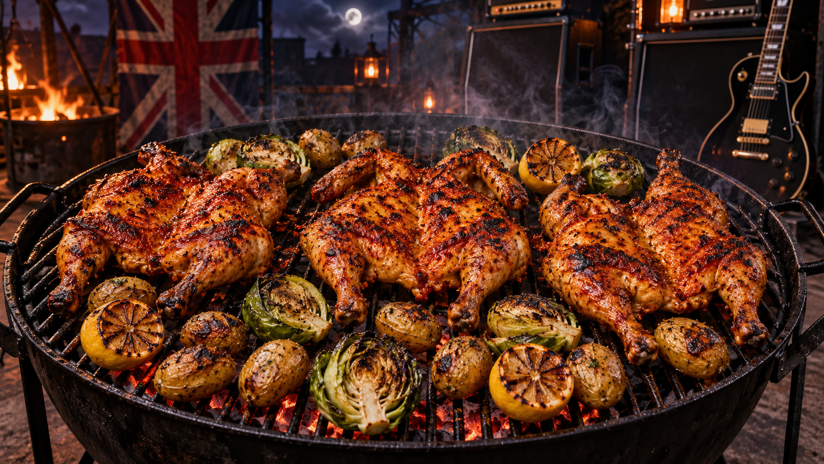 Ilustración editorial de tres pollos mariposa piri-piri con patatas, col y limones ante una parrilla, amplificadores y guitarra