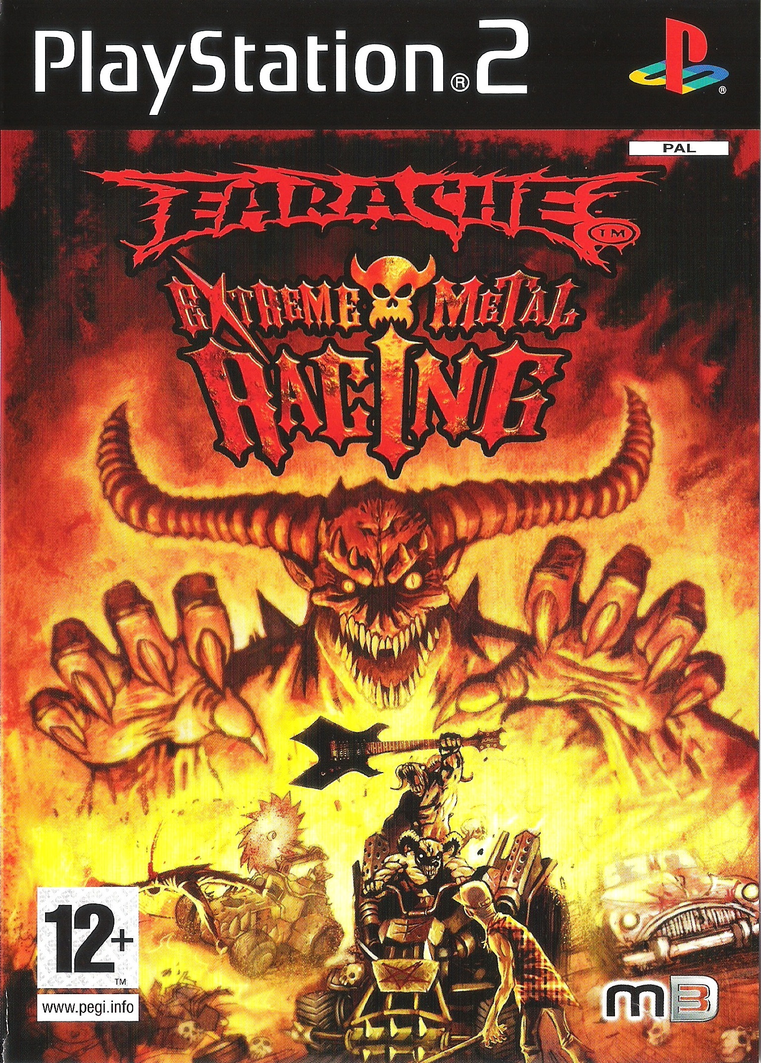 Escaneo frontal íntegro de la caja PAL de Earache: Extreme Metal Racing para PlayStation 2