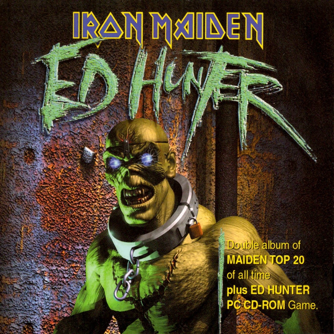 Escaneo frontal de la edición norteamericana de Ed Hunter de Iron Maiden, con Eddie encadenado y la mención al doble álbum y juego para PC