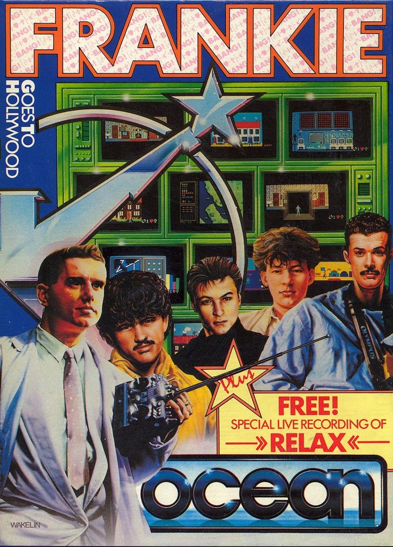 Escaneo frontal completo de la caja europea de Frankie Goes to Hollywood para Commodore 64, con la banda, ilustración de Bob Wakelin y anuncio del casete en directo de Relax