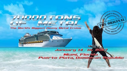 Arte oficial de 70000 Tons of Metal 2027 con el crucero navegando hacia Puerto Plata