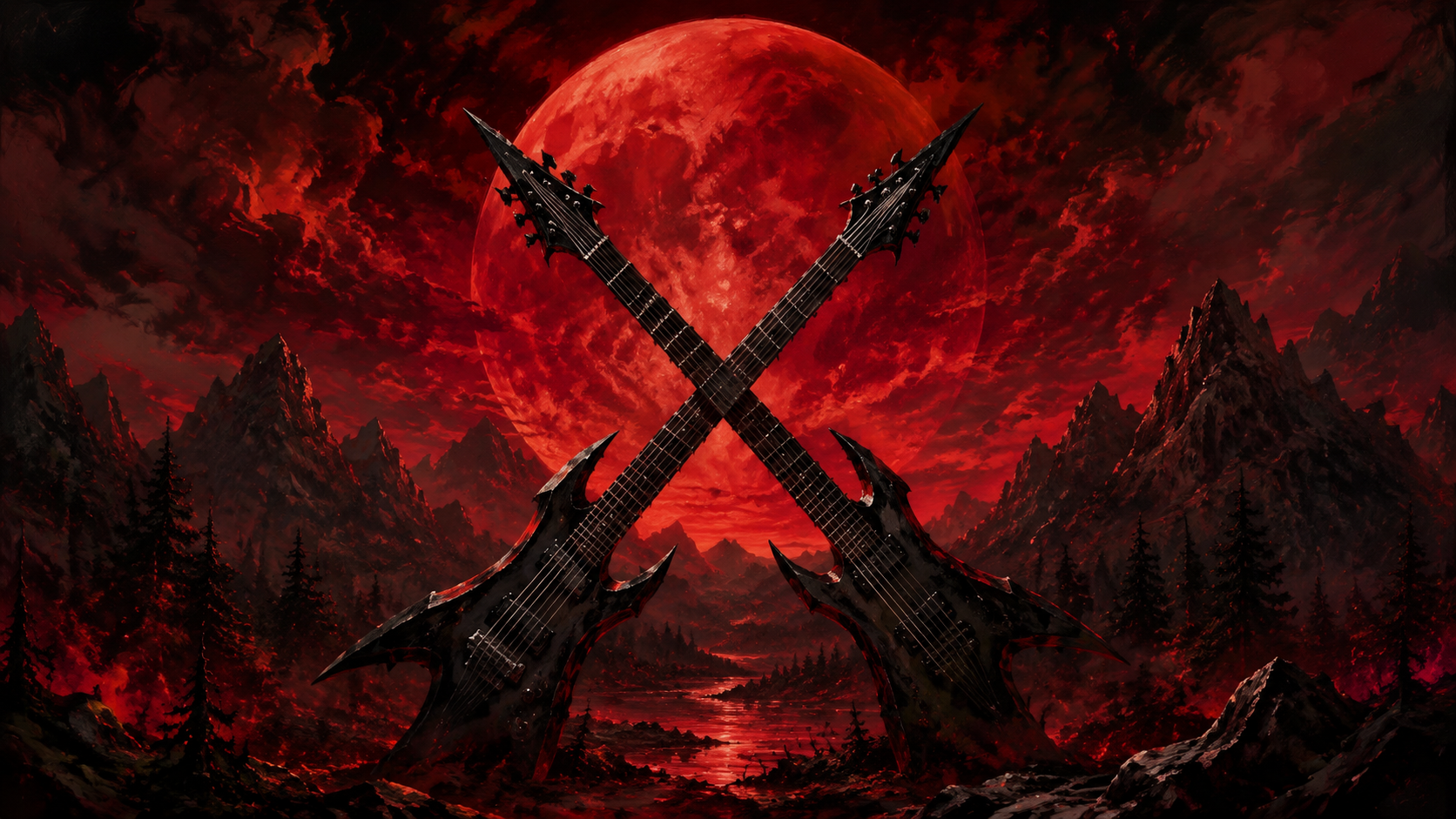 Ilustración editorial generada: guitarras cruzadas ante una luna roja y un bosque montañoso, inspirada en Season Of Bloodshed