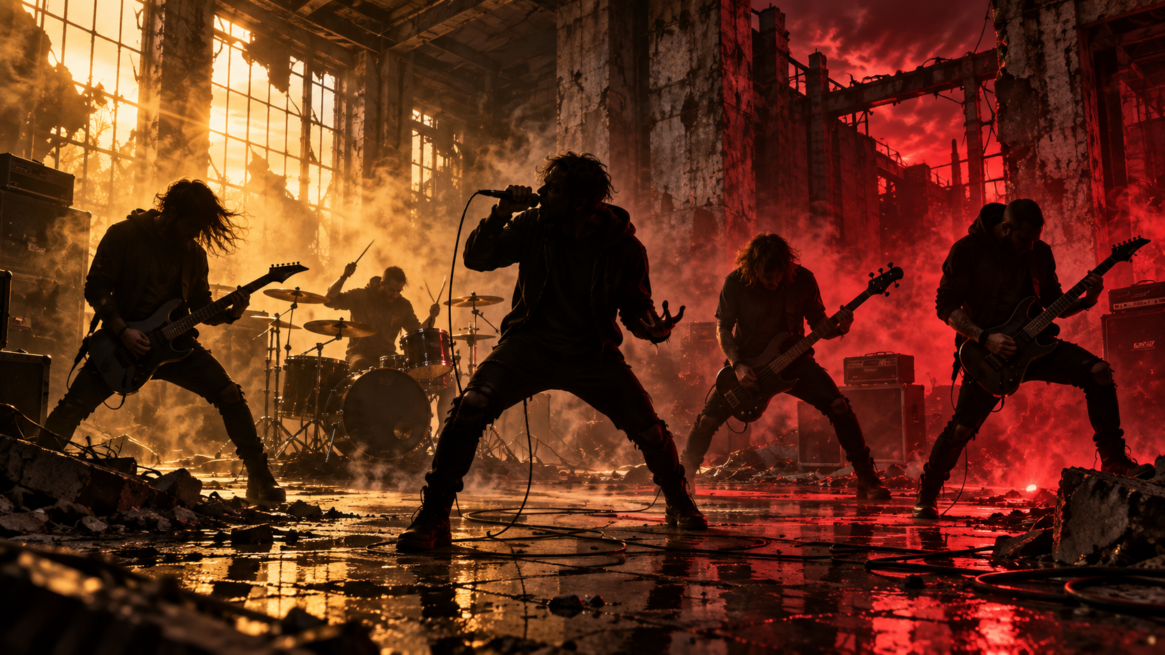 Ilustración editorial de cinco músicos de metalcore tocando entre ruinas industriales bajo luces doradas y rojas