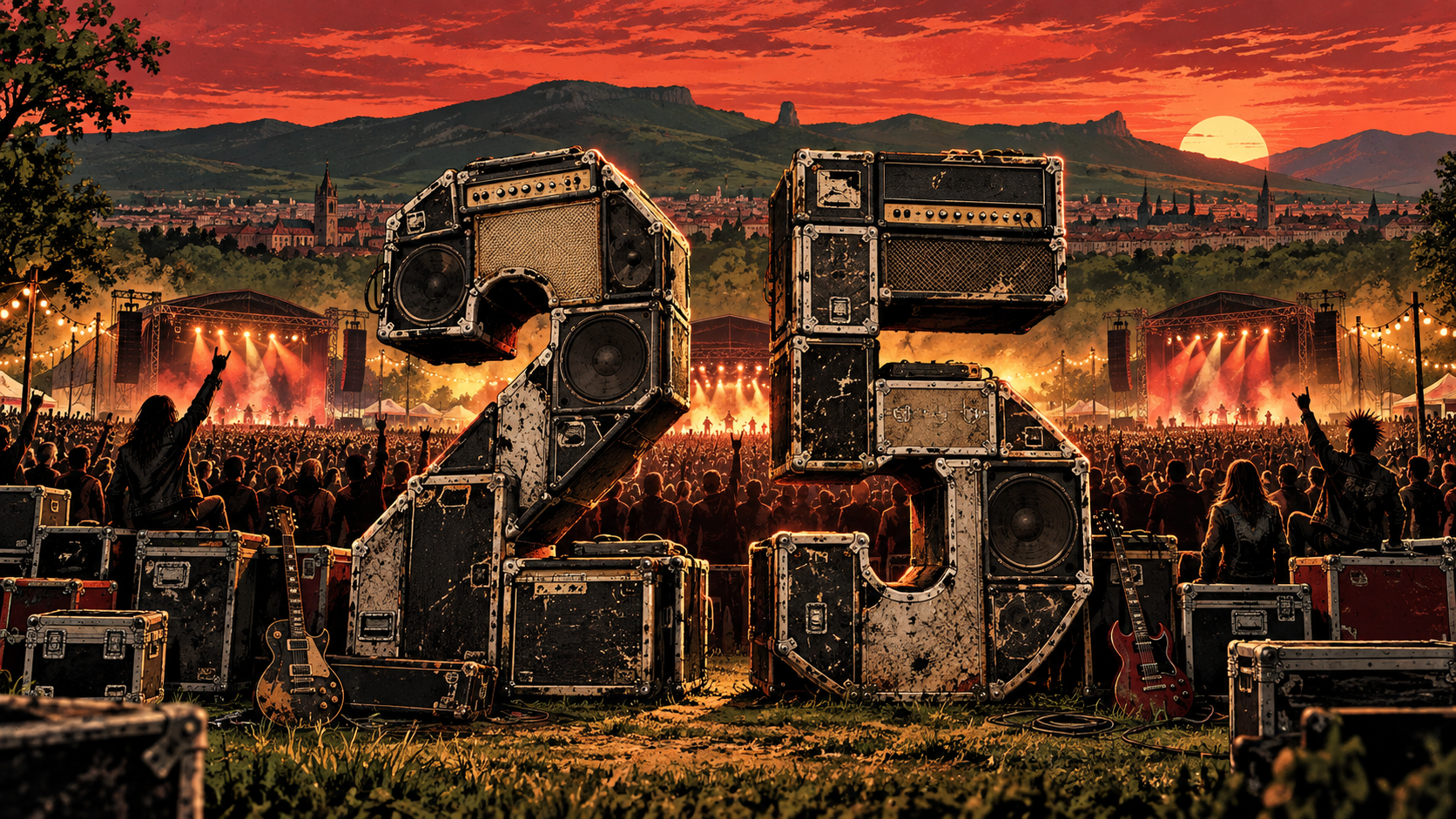 Ilustración editorial del número 25 construido con amplificadores ante varios escenarios de rock en Vitoria-Gasteiz