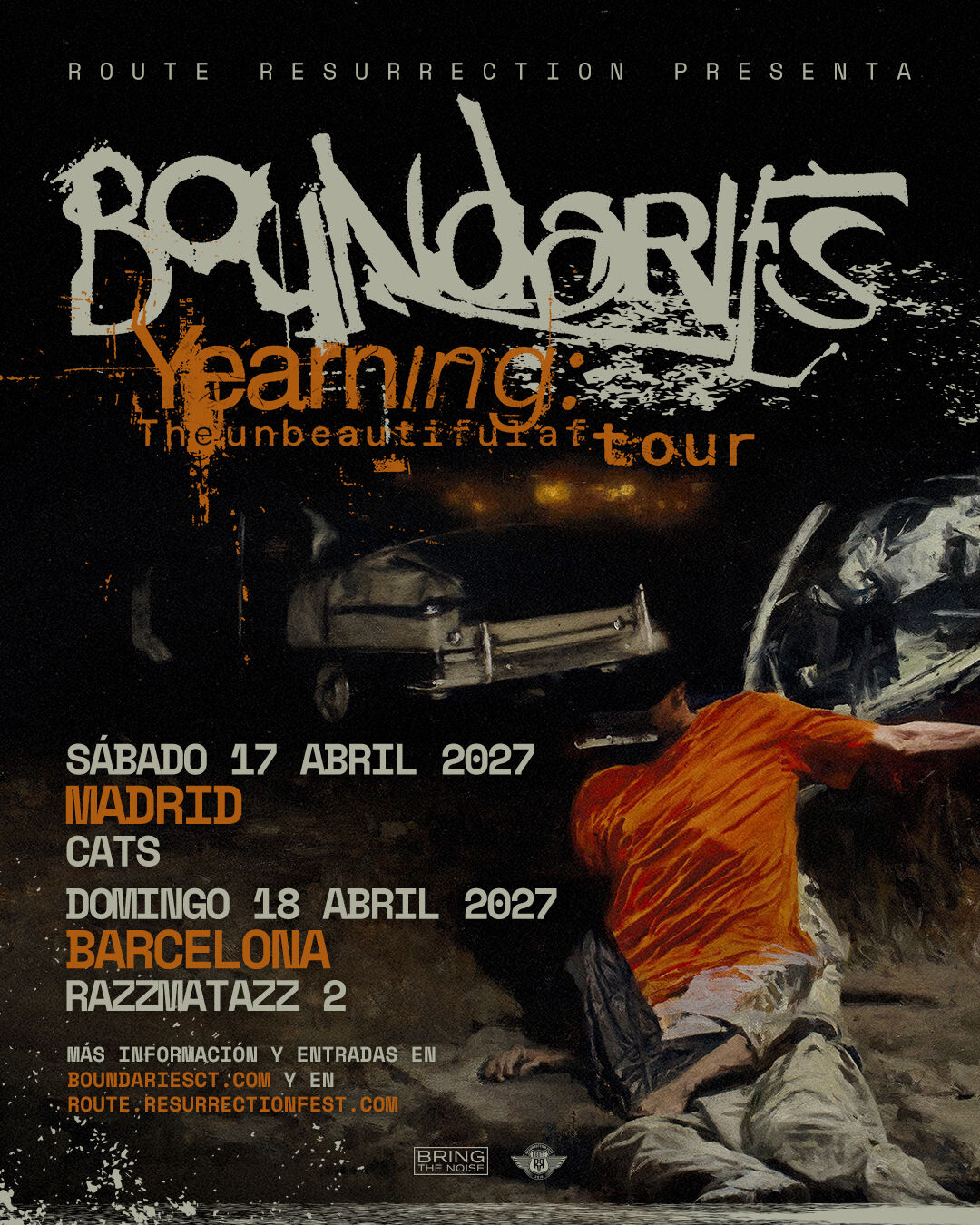 Cartel oficial rojo y negro de los conciertos de Boundaries en Madrid y Barcelona en abril de 2027
