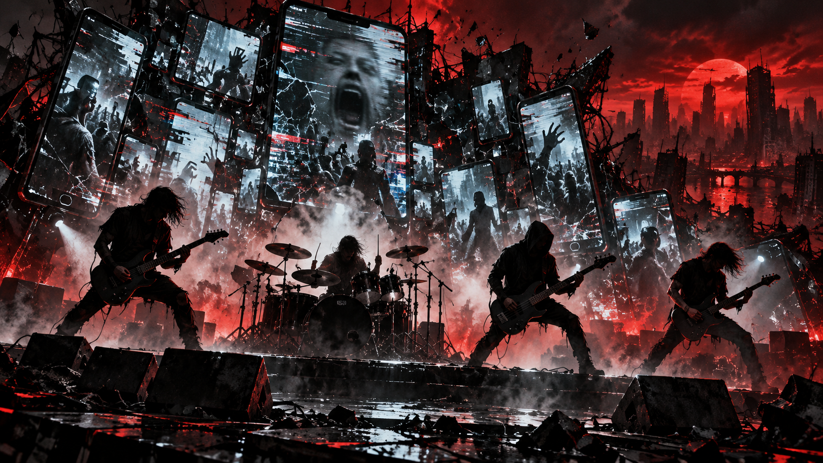 Ilustración editorial de una banda anónima de metalcore ante pantallas fracturadas y una ciudad digital en colapso