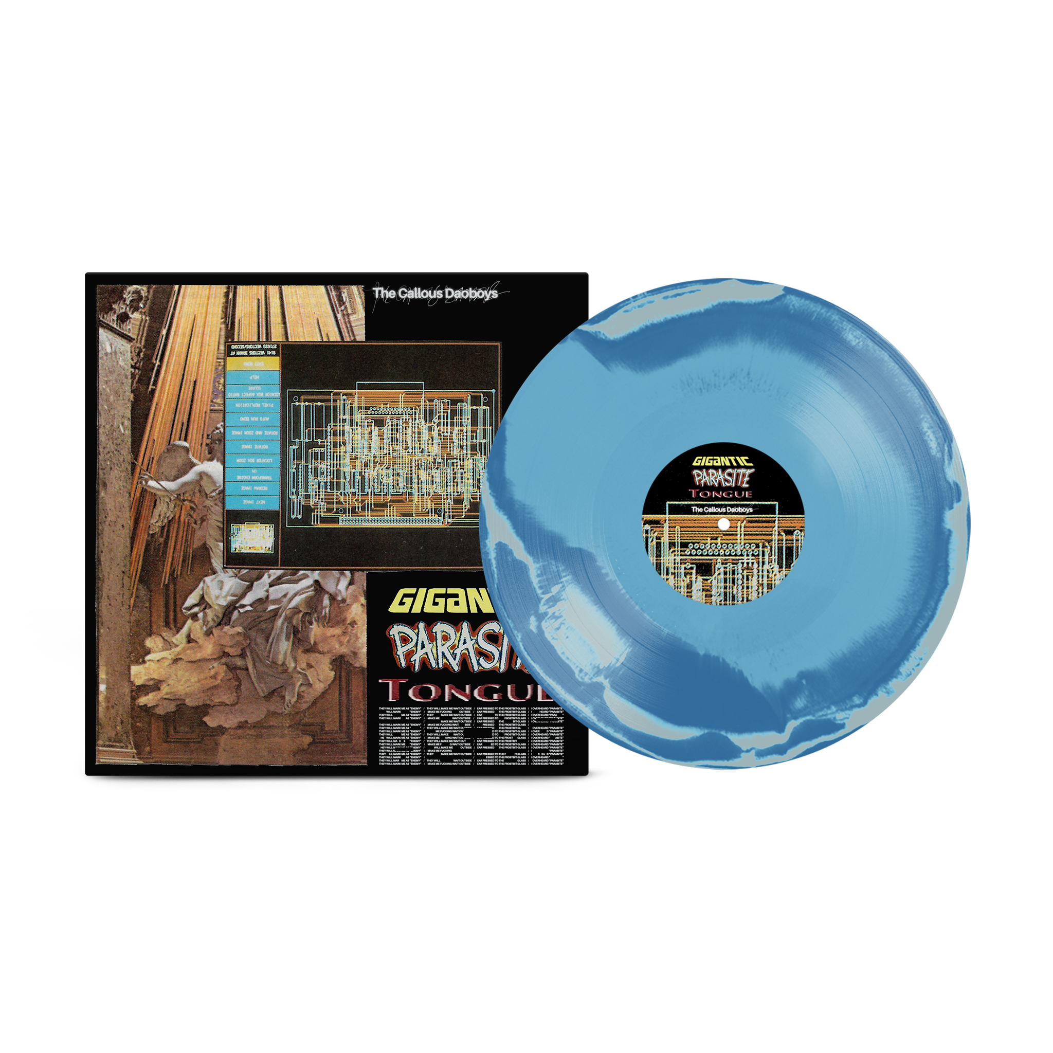 Maqueta promocional del vinilo de The Callous Daoboys con Watching Us Kiss y Gigantic Parasite Tongue