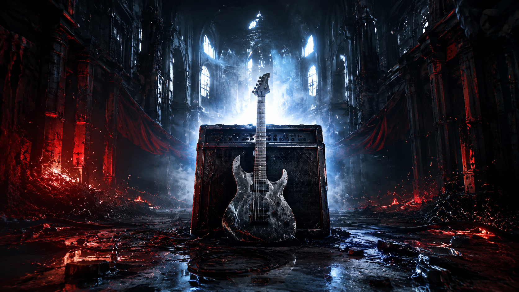Ilustración editorial de una guitarra y un amplificador entre las ruinas iluminadas de un recinto de metal