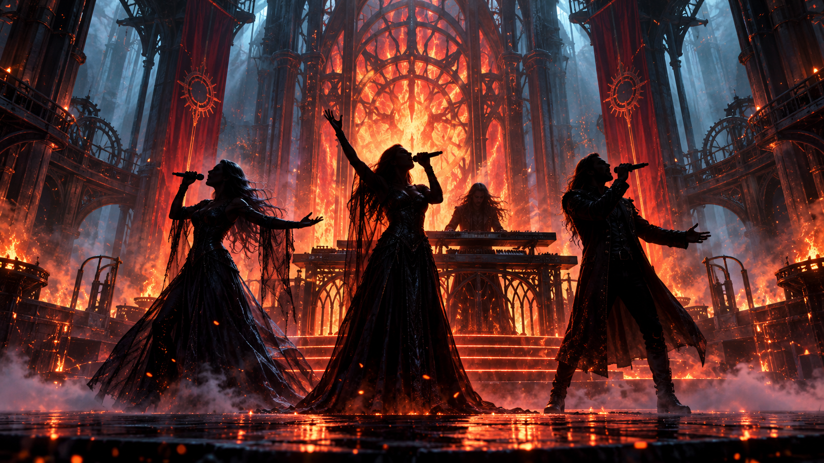 Ilustración editorial de tres vocalistas y un teclista en un escenario de metal sinfónico rodeado de fuego