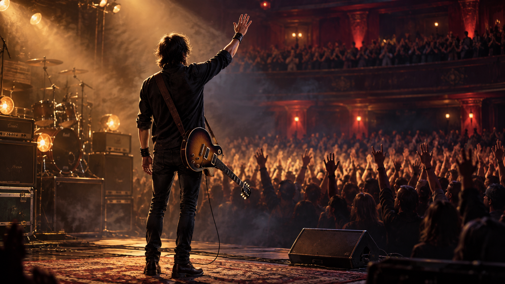 Ilustración editorial de un guitarrista de rock agradeciendo al público al terminar un concierto