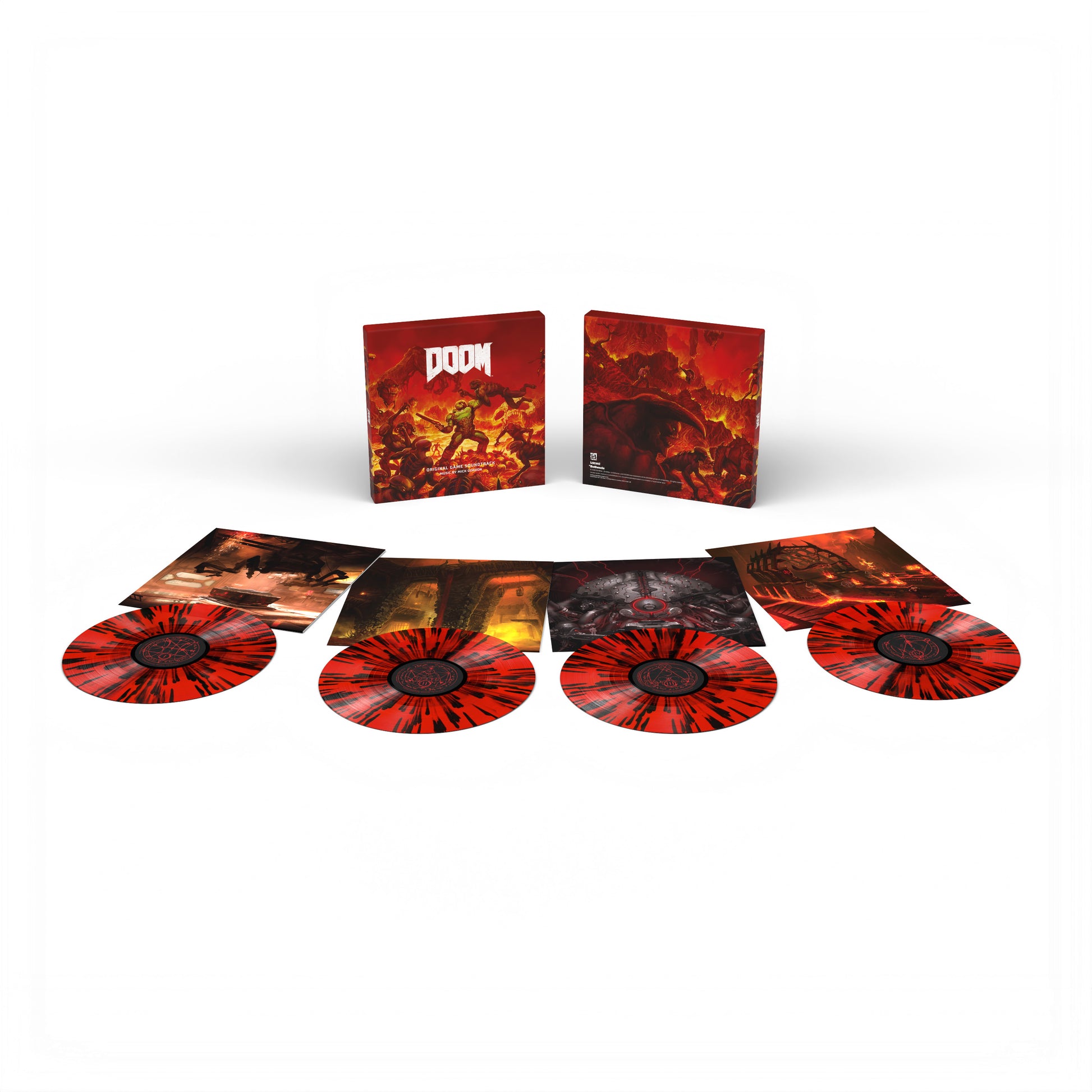 Maqueta oficial de la caja de cuatro vinilos de DOOM, con su arte demoníaco y discos rojos