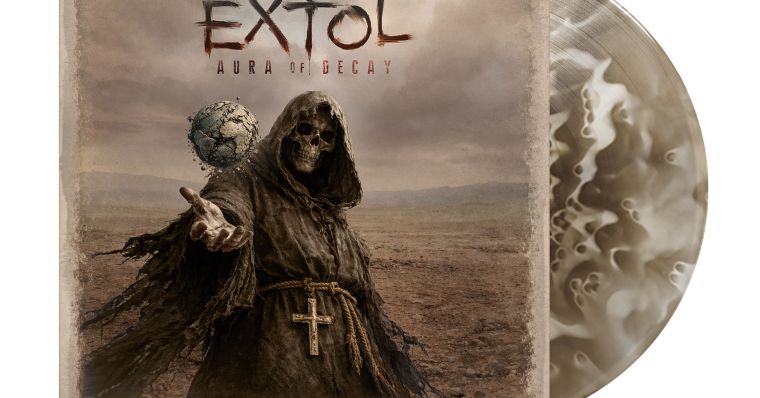 Arte oficial de Aura Of Decay de Extol junto a la edición física en vinilo