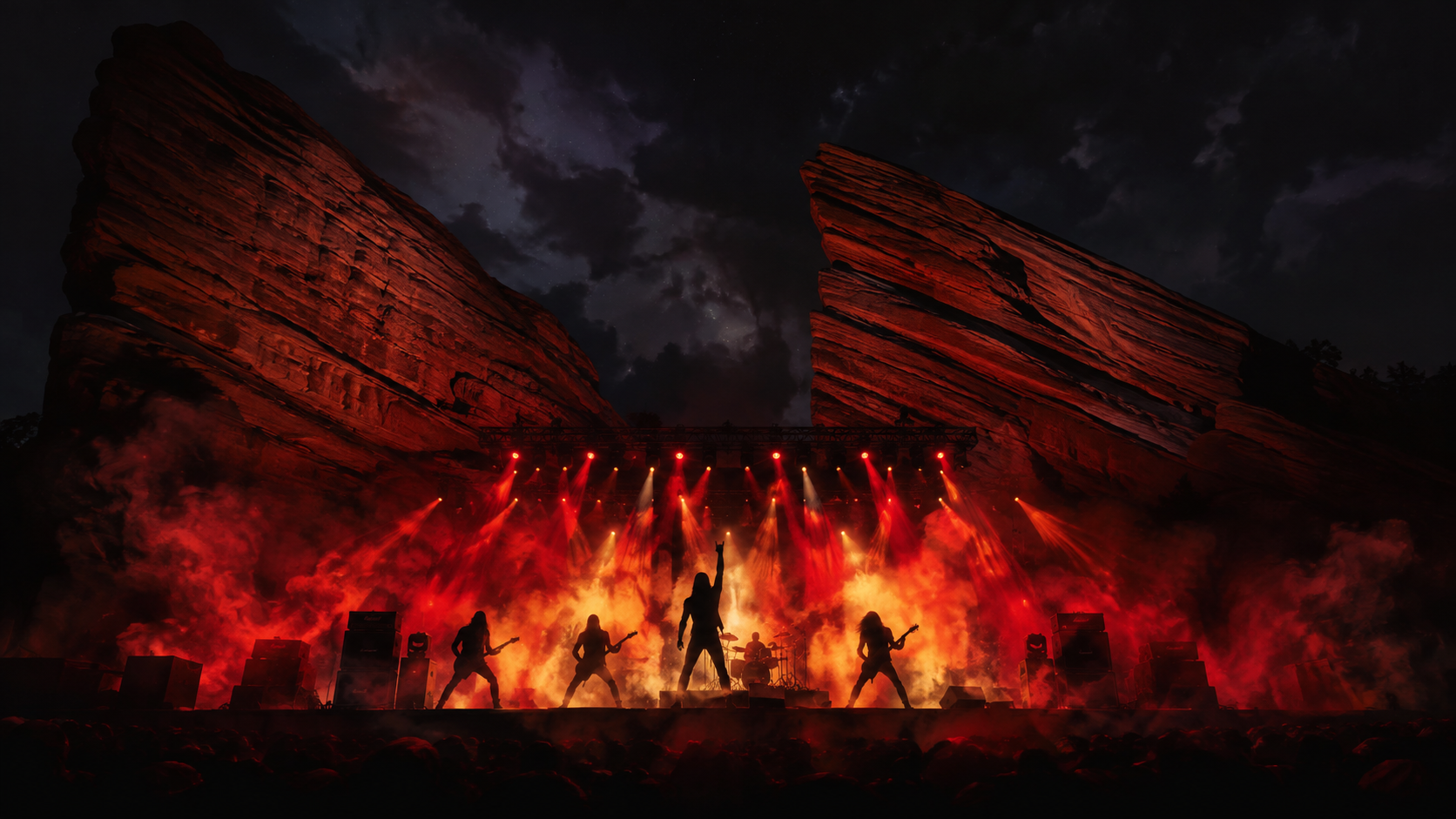 Ilustración editorial generada: escenario metalero imaginado entre formaciones de roca roja; no es una fotografía del concierto