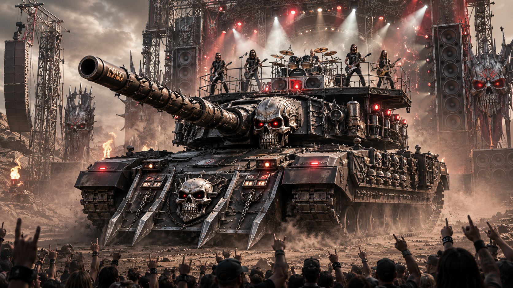 Ilustración editorial de un carro blindado convertido en escenario de heavy metal entre focos, altavoces y público