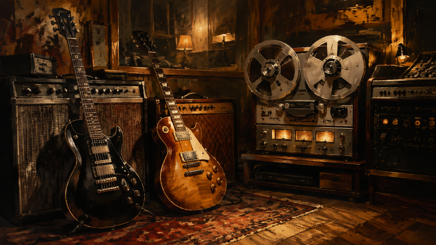 Ilustración editorial generada: guitarras de rock clásico y cinta analógica en un estudio imaginado, alusiva al archivo de Head Games