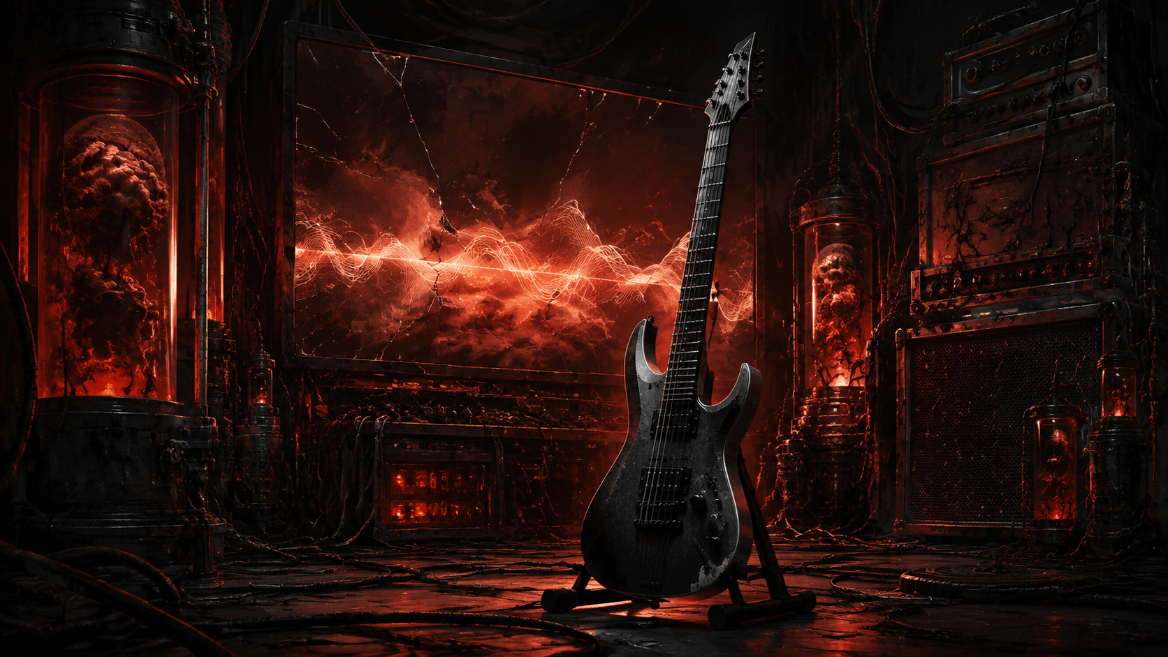 Ilustración editorial generada: guitarra de metal y ondas oníricas en un laboratorio ficticio inspirado en el concepto de while(True)