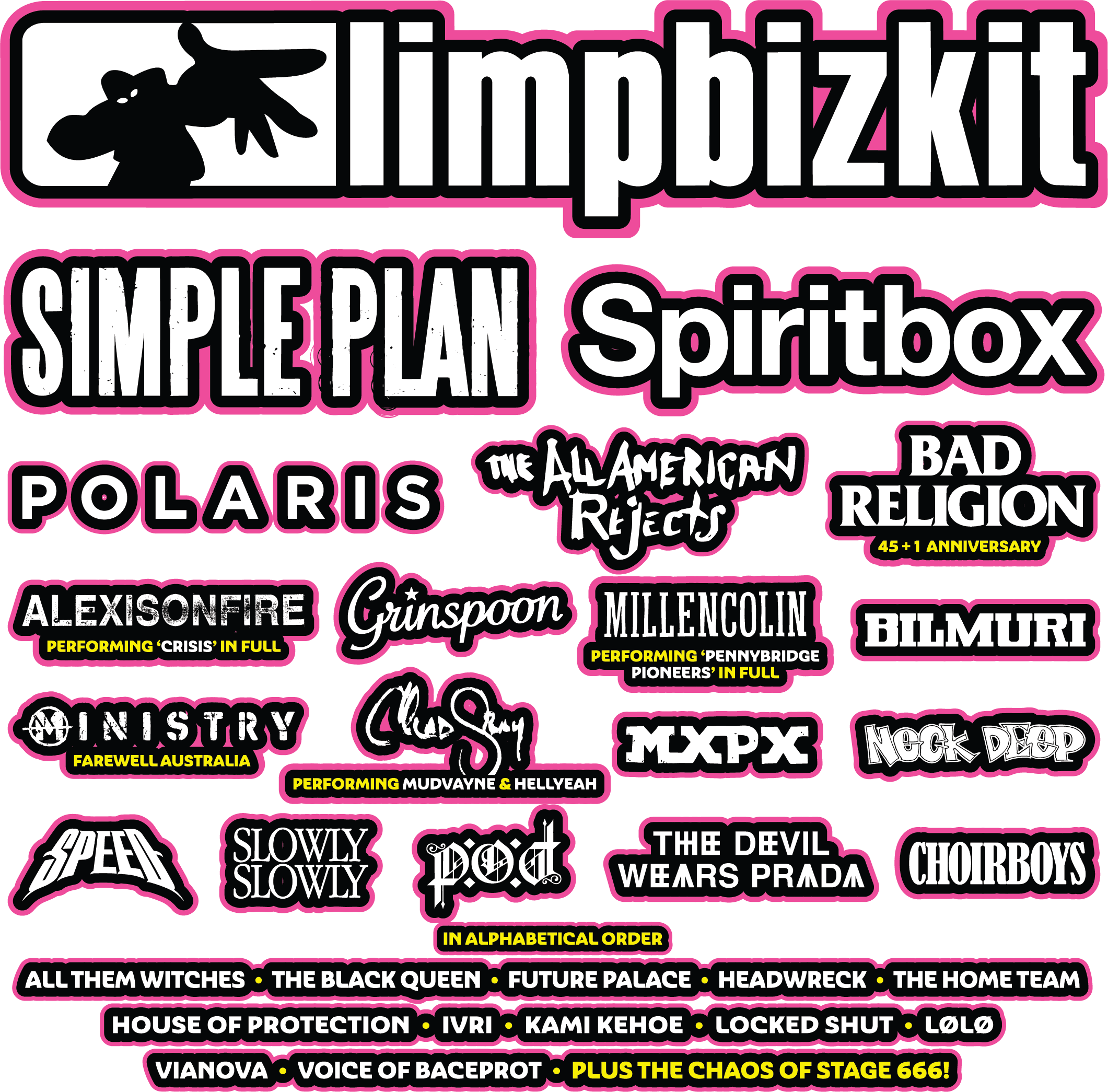 Cartel tipográfico oficial de Good Things Festival 2026 con Limp Bizkit, Simple Plan, Spiritbox y el resto del cartel