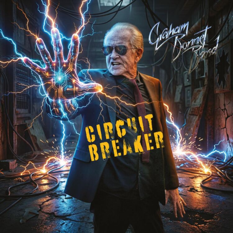 Portada de Circuit Breaker de Graham Bonnet Band, con una torre eléctrica roja bajo un cielo tormentoso