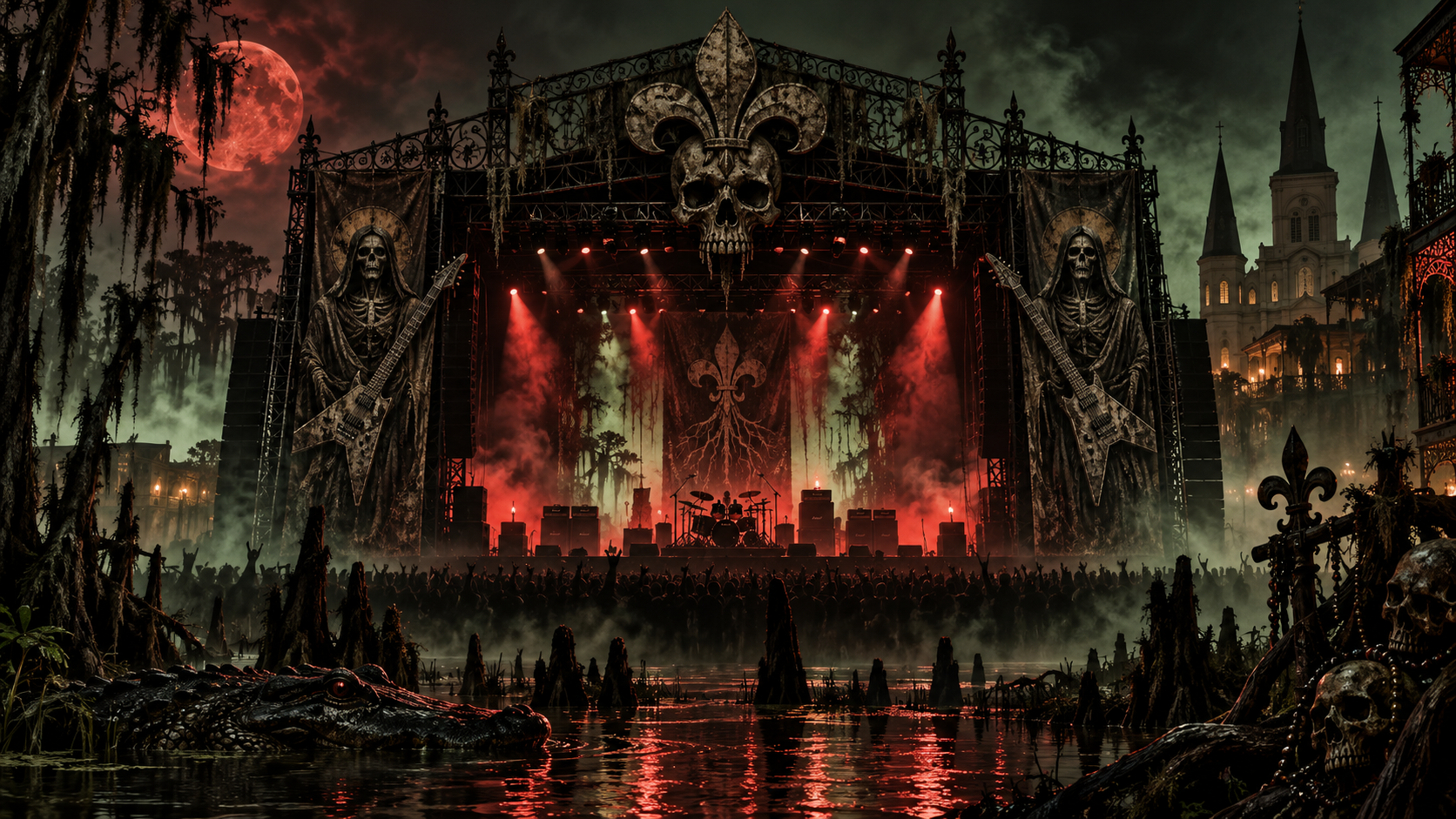 Ilustración editorial de un gran escenario de metal con estética gótica sureña entre pantanos y arquitectura de Nueva Orleans