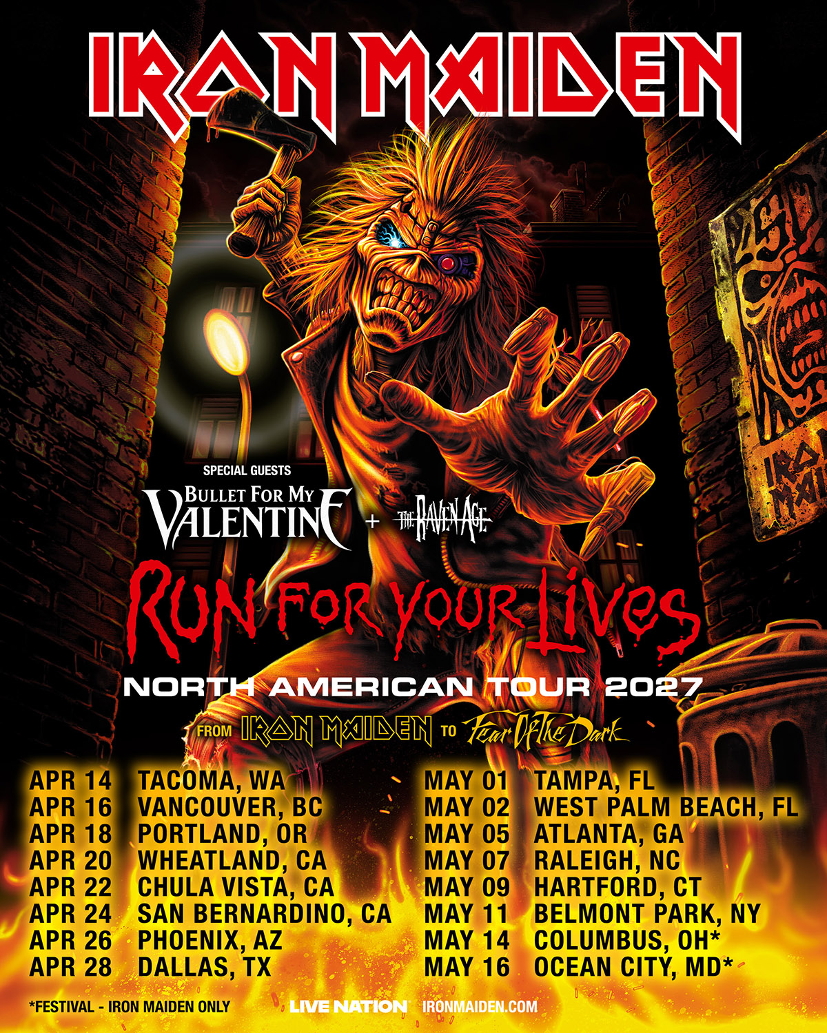 Cartel oficial de Iron Maiden para la gira norteamericana Run For Your Lives de 2027 con Eddie y las dieciséis fechas