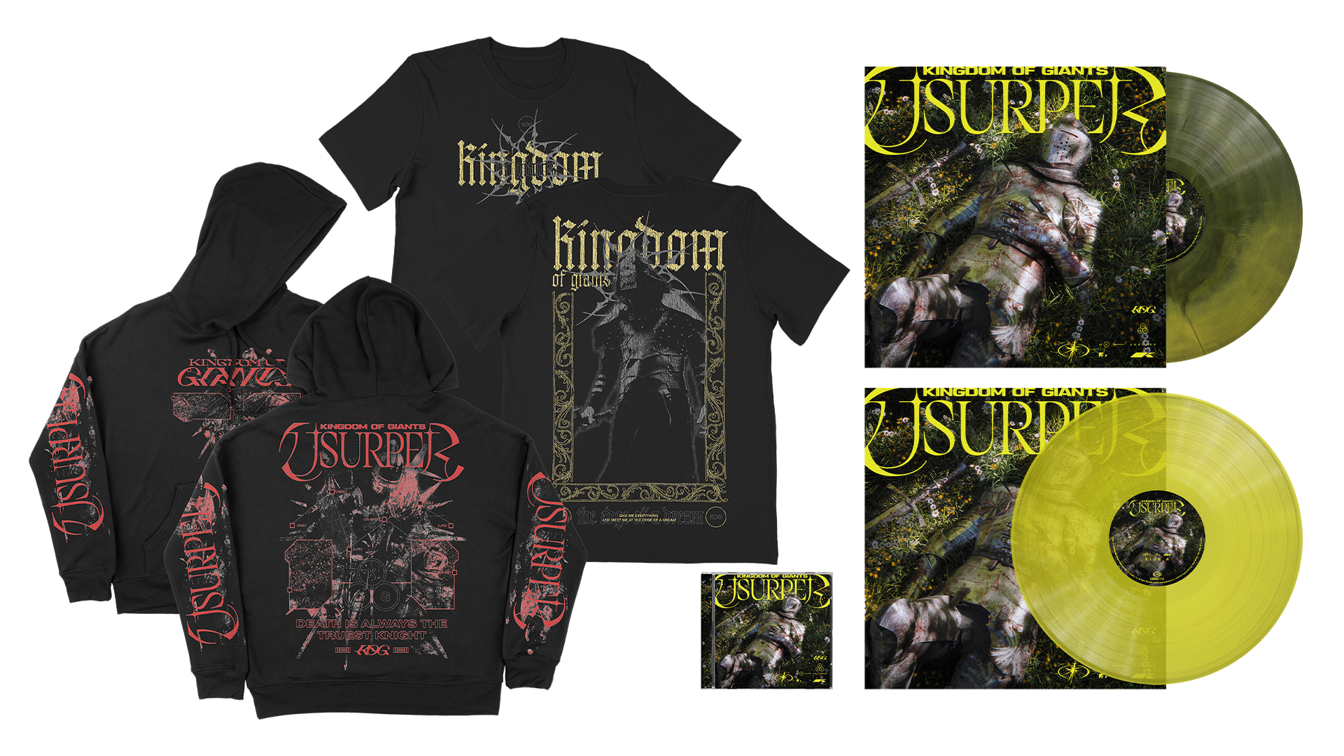 Composición oficial de Kingdom of Giants para Usurper con prendas, portada, CD y dos ediciones de vinilo