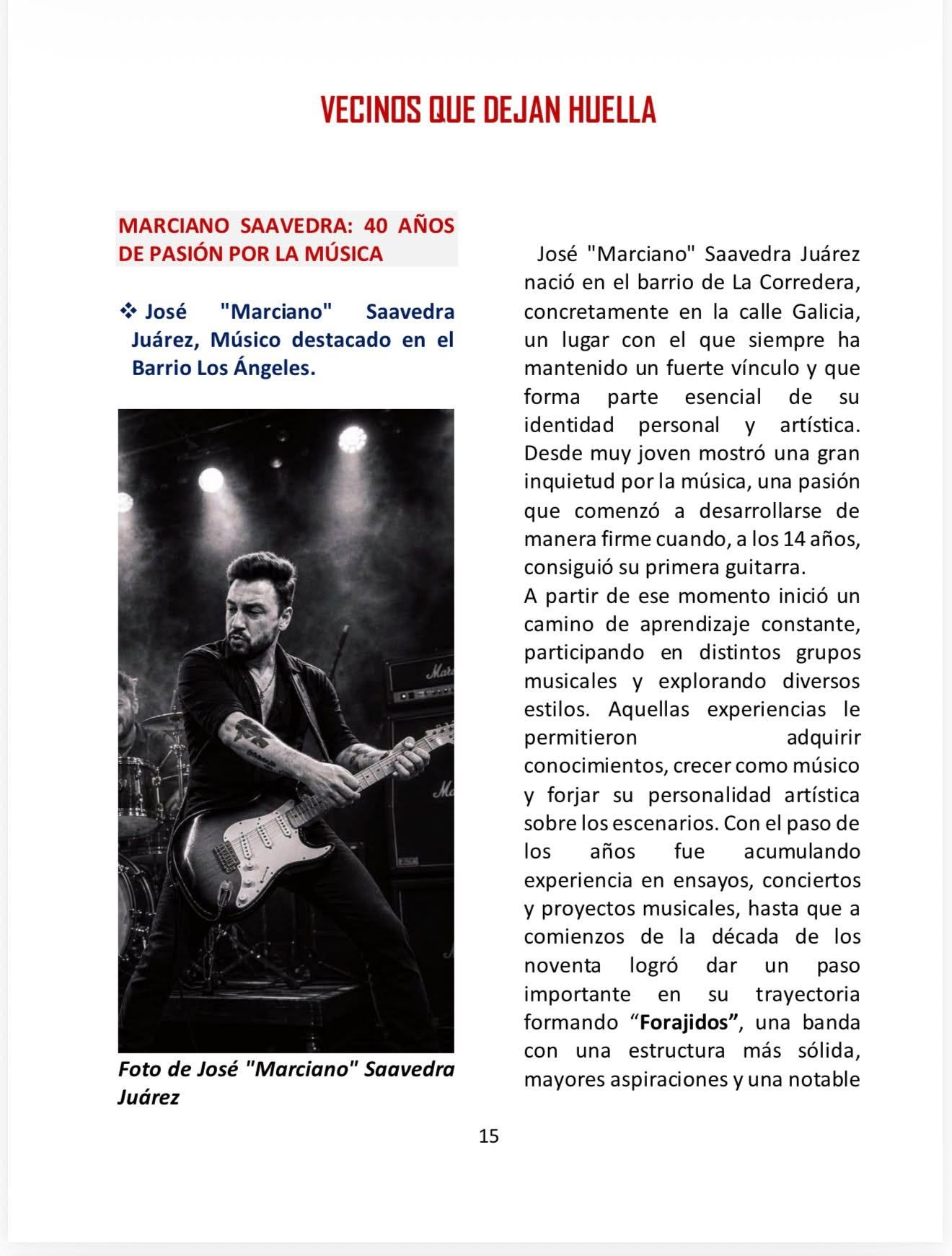 Lámina Vecinos que dejan huella dedicada a los cuarenta años de pasión musical de Marciano Saavedra