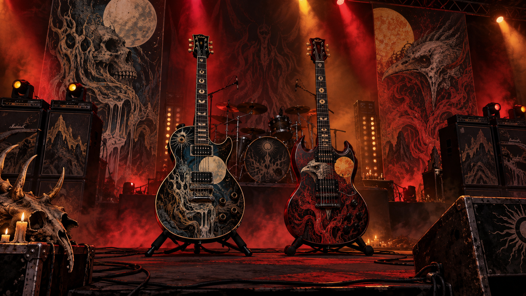 Ilustración editorial de dos guitarras eléctricas sobre un escenario de metal iluminado en rojo