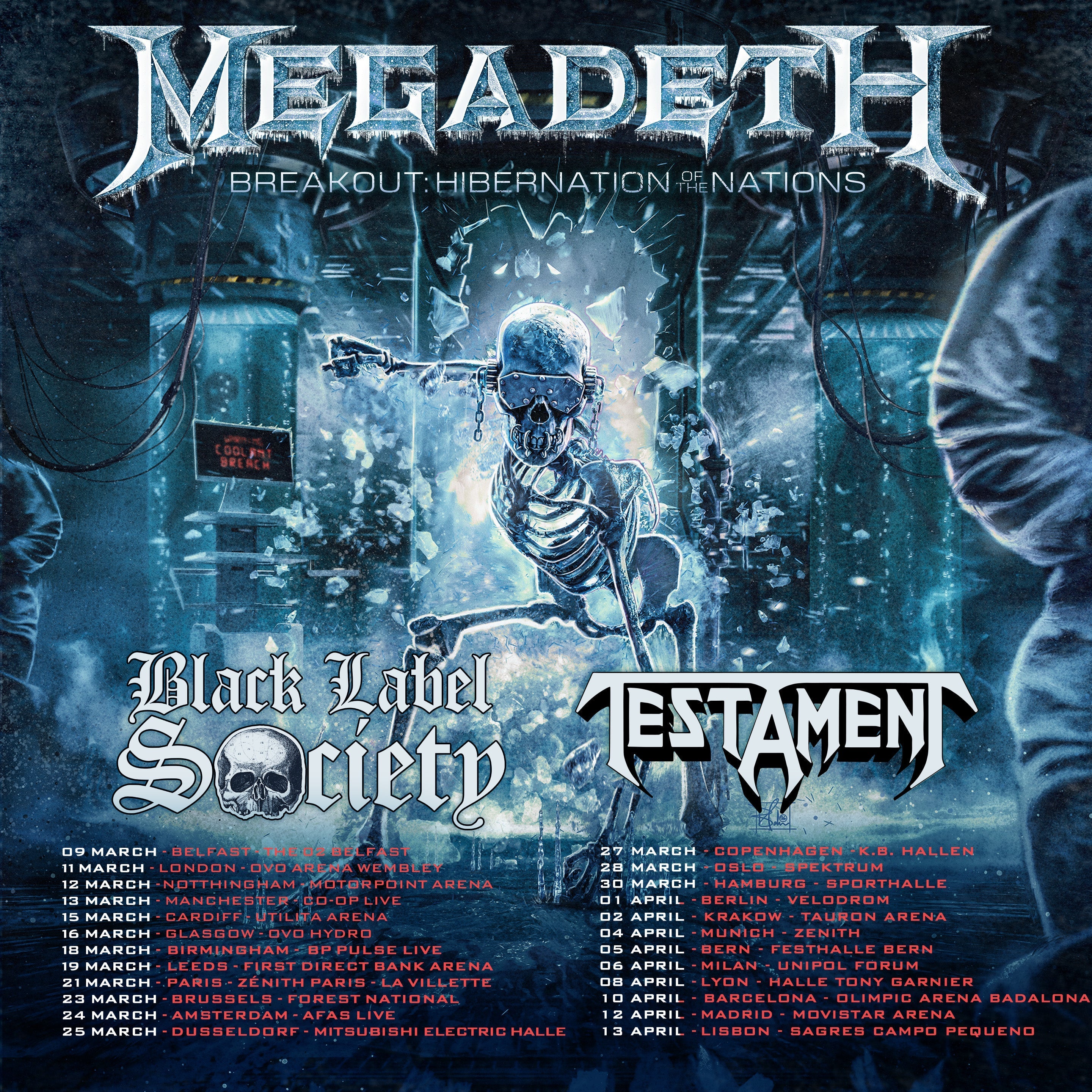 Cartel oficial de la gira europea 2027 de Megadeth con Black Label Society y Testament