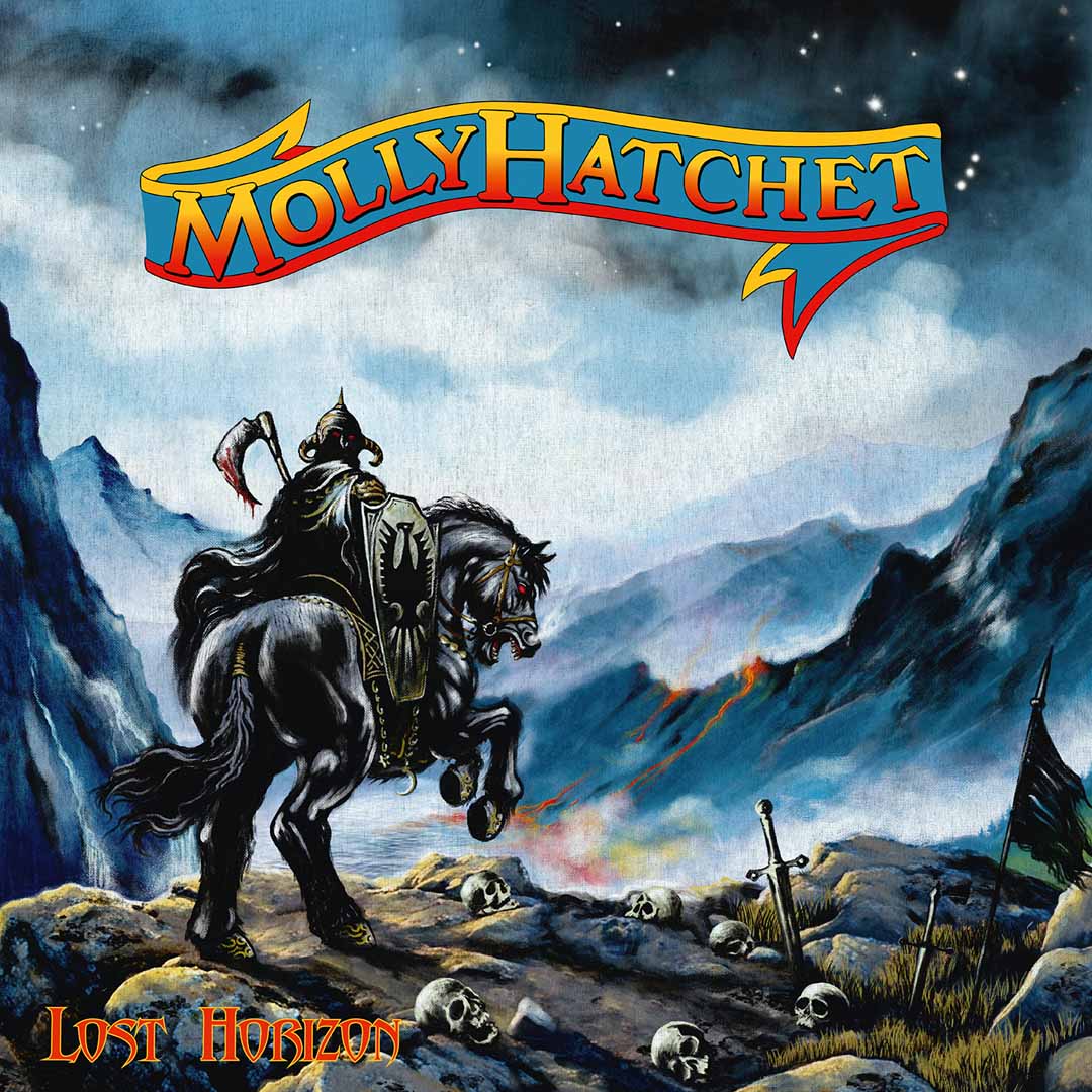 Portada oficial de Lost Horizon de Molly Hatchet, con un jinete acorazado entre calaveras y fuego
