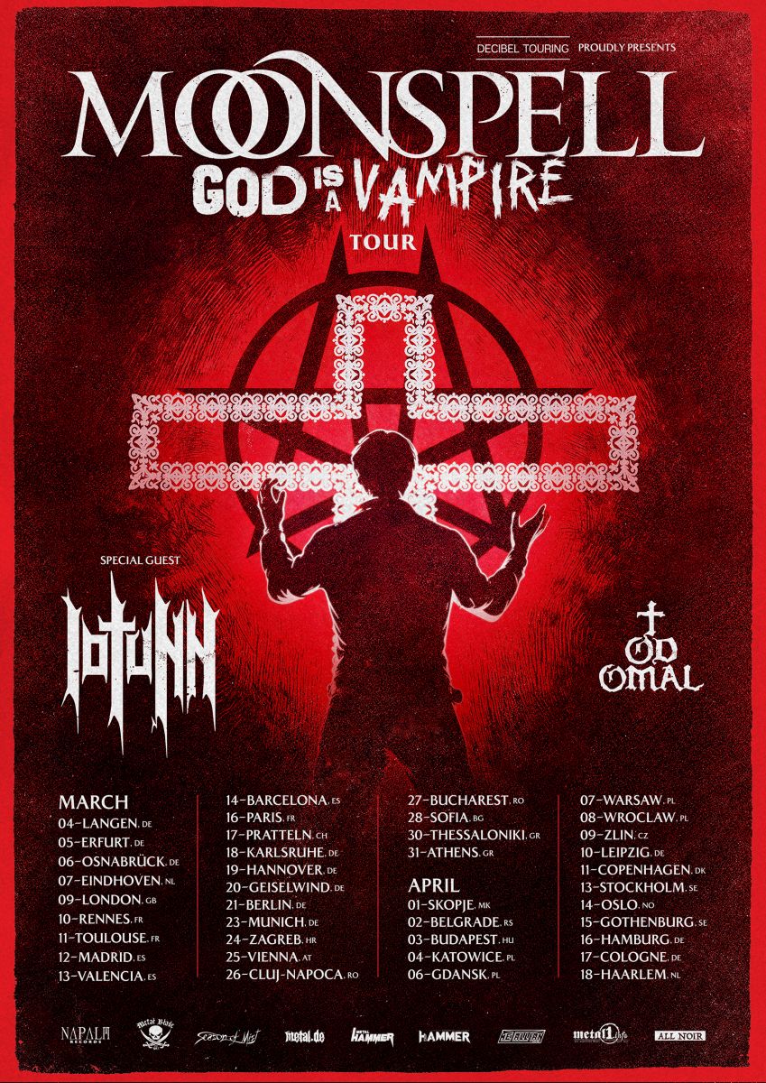 Cartel oficial rojo y negro de la gira God Is A Vampire 2027 de Moonspell, con IOTUNN y TODOMAL