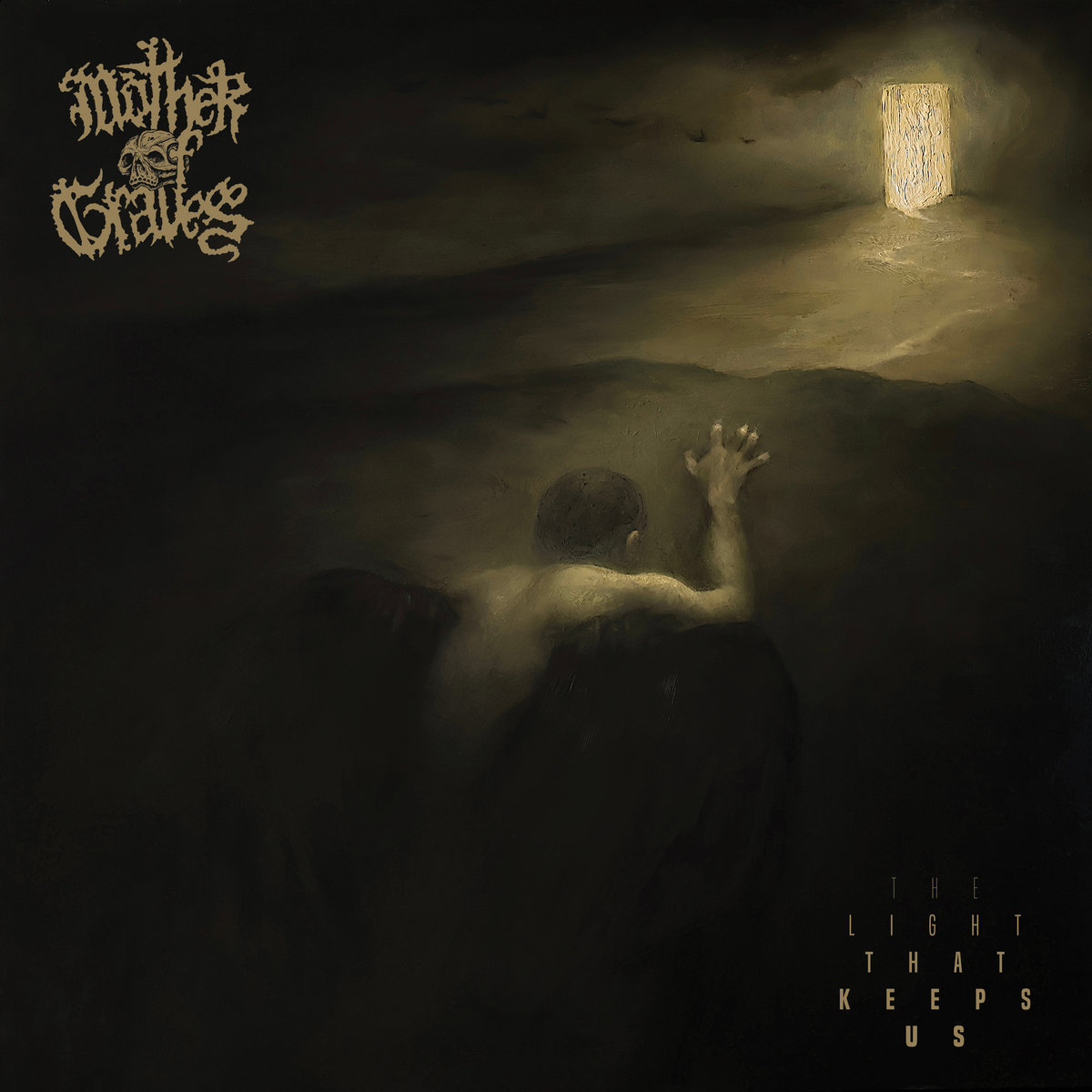 Portada oficial de The Light That Keeps Us de Mother of Graves, con una figura espectral entre árboles y tumbas