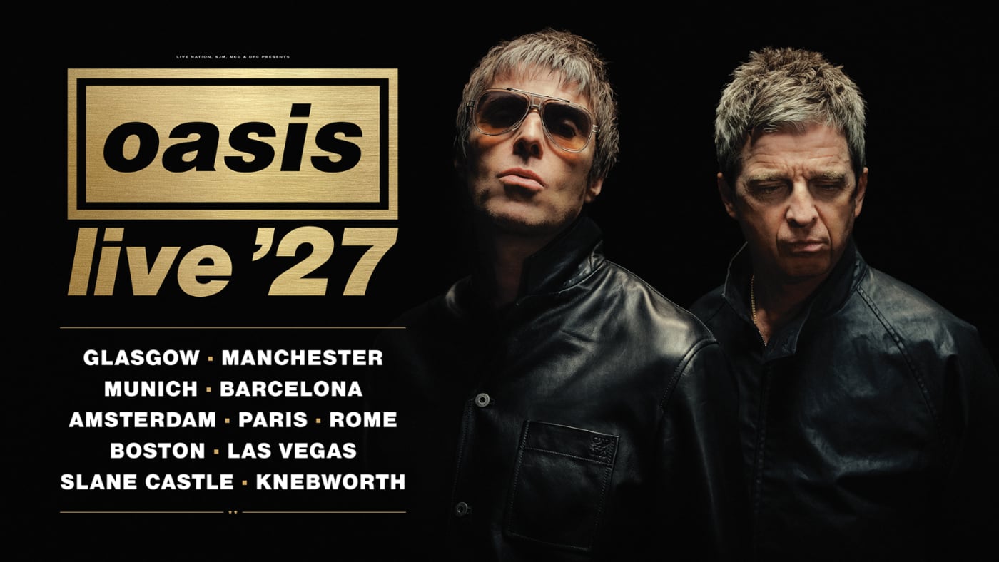Cartel oficial de Oasis Live '27 con las fechas de la gira sobre una fotografía de Liam y Noel Gallagher