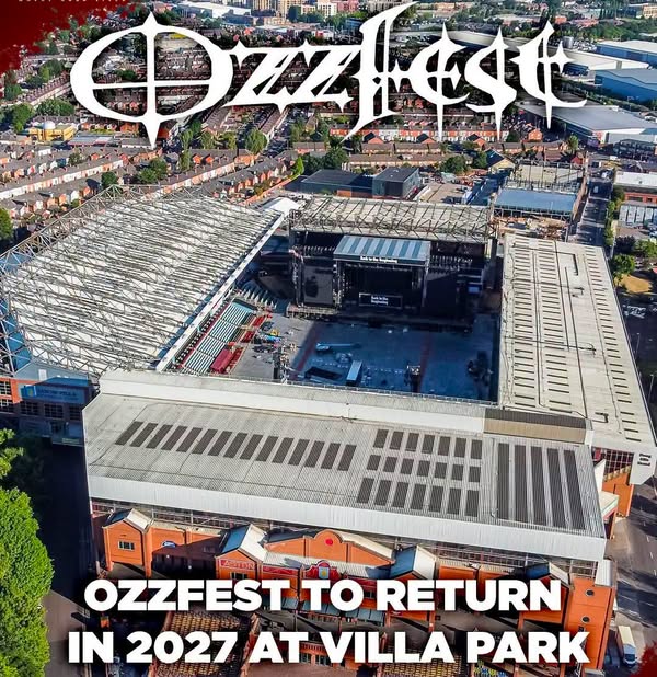 Gráfico oficial del regreso de Ozzfest en 2027 con el estadio Villa Park visto desde el aire