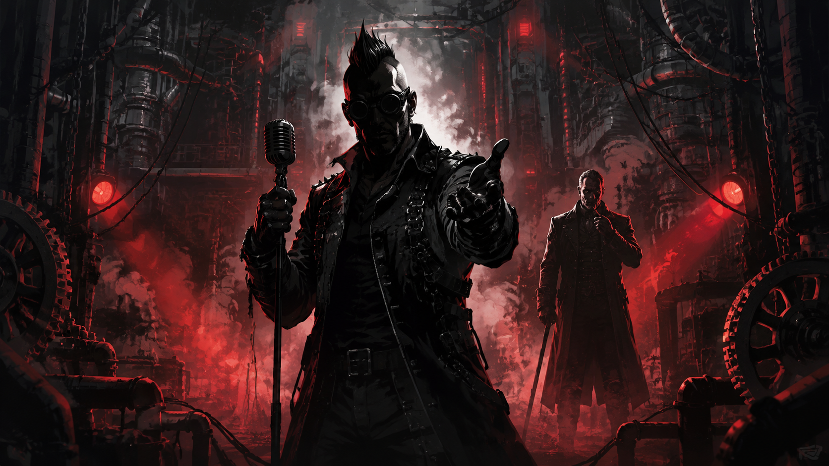 Ilustración editorial de un vocalista de metal industrial entre maquinaria, humo y luces rojas