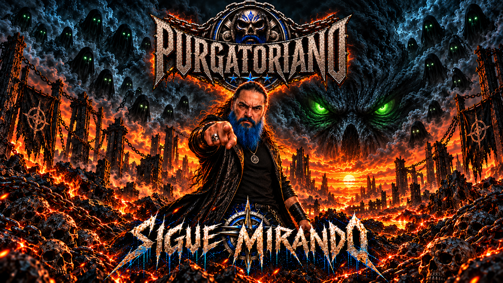 Portada oficial de Sigue mirando de Purgatorian0, con el artista señalando al frente en un paisaje infernal rodeado de cadenas y figuras encapuchadas