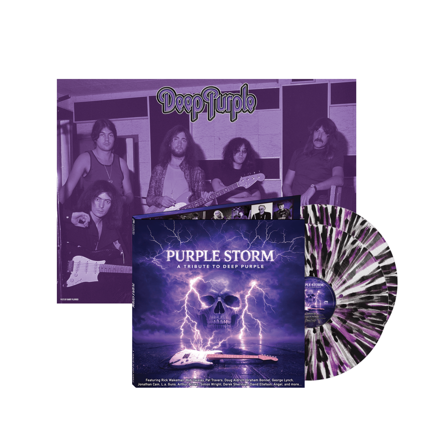Maqueta oficial del tributo Purple Storm con vinilos morados y cartel histórico de Deep Purple