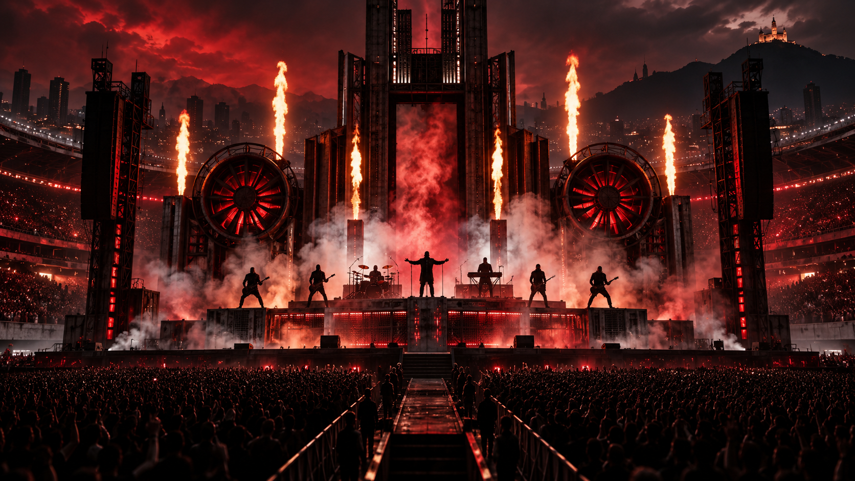 Ilustración editorial de un monumental escenario de metal industrial con fuego en un estadio nocturno de Ciudad de México