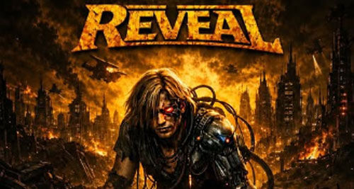 Imagen oficial de Cybernetic Decay de Reveal con un cíborg avanzando por una ciudad en llamas