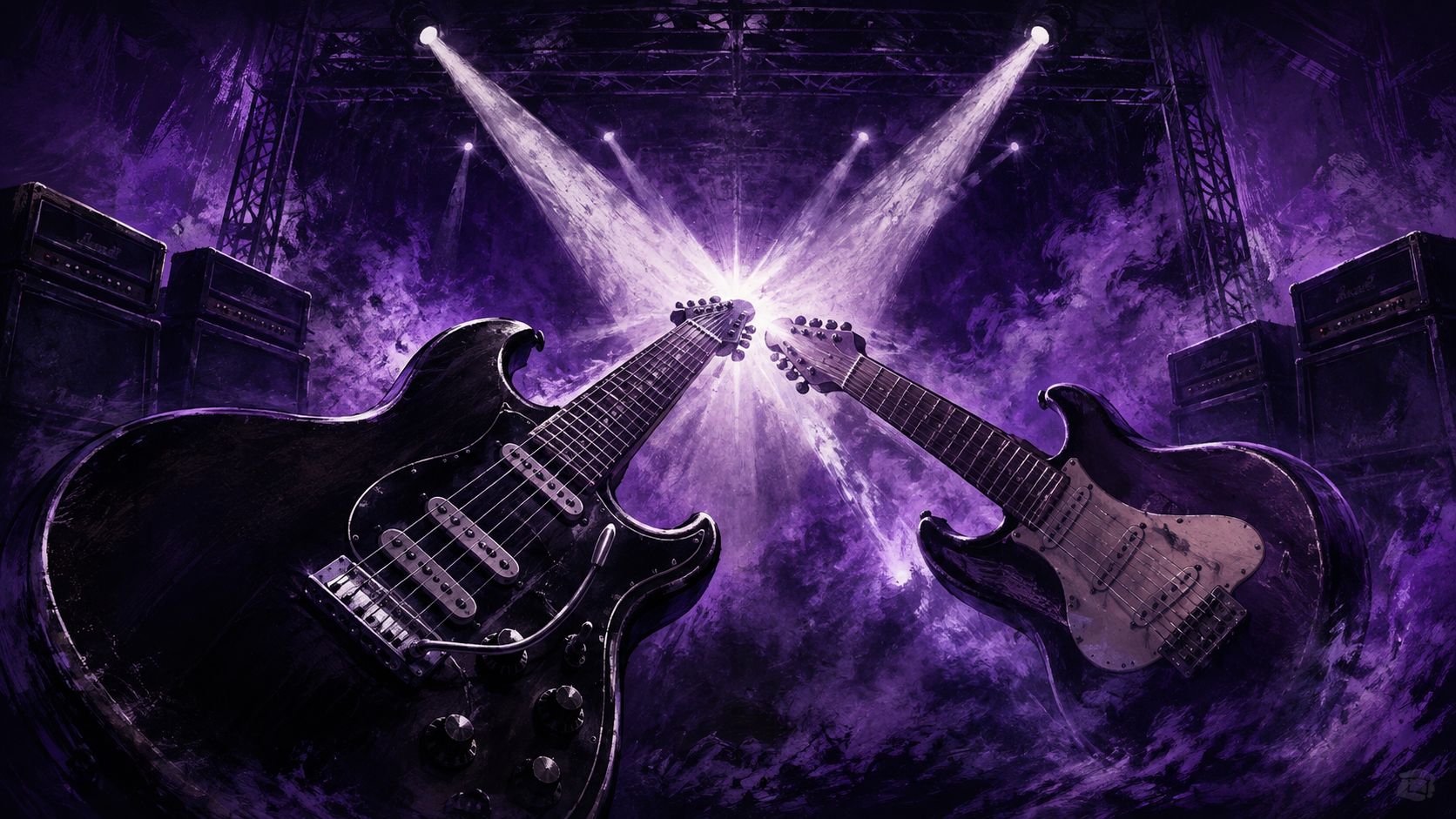 Ilustración editorial de dos guitarras frente a un escenario envuelto en humo violeta