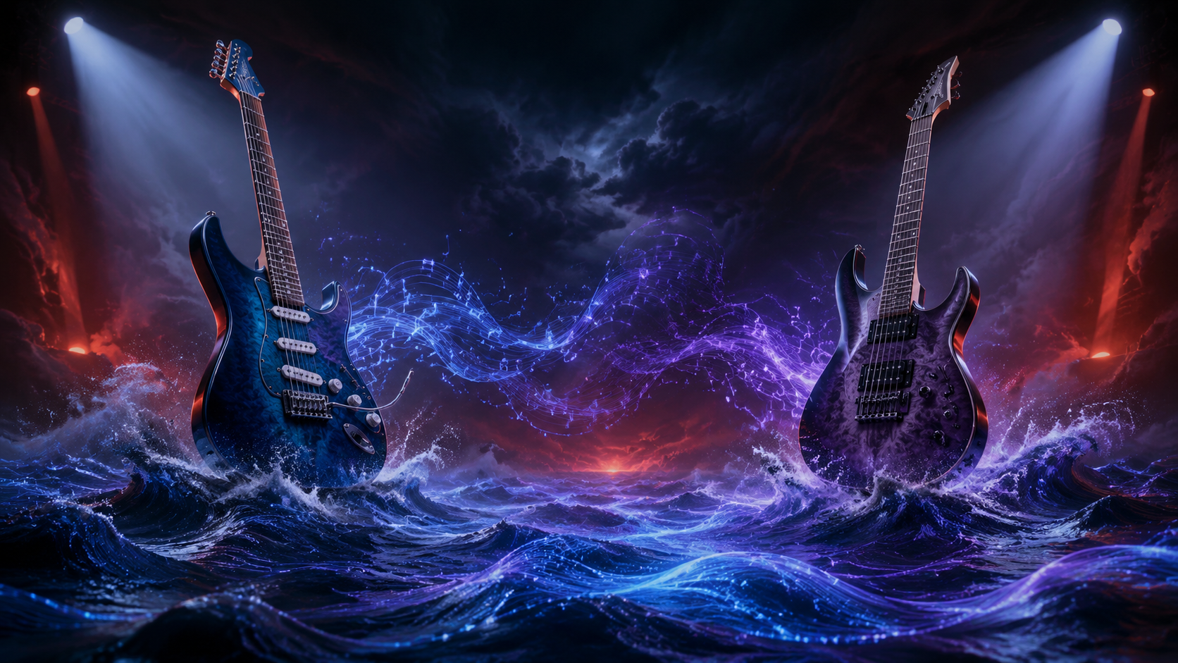 Ilustración editorial de dos guitarras eléctricas frente a frente sobre un mar de ondas musicales