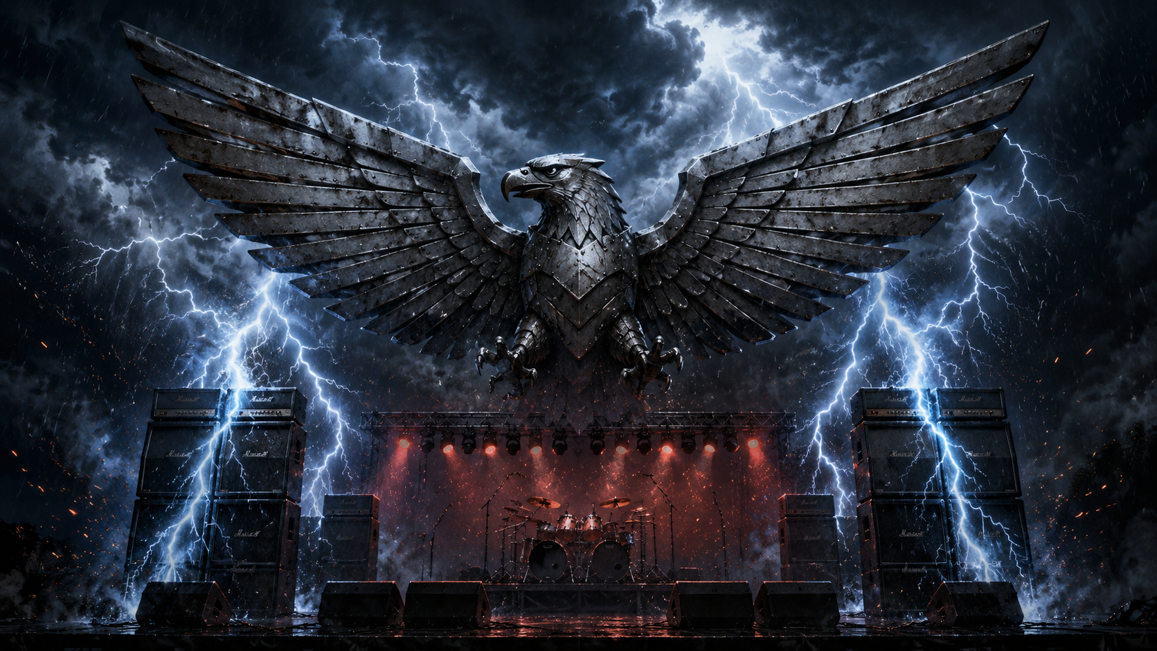 Ilustración editorial de un águila de acero sobre un escenario de heavy metal atravesado por una tormenta eléctrica