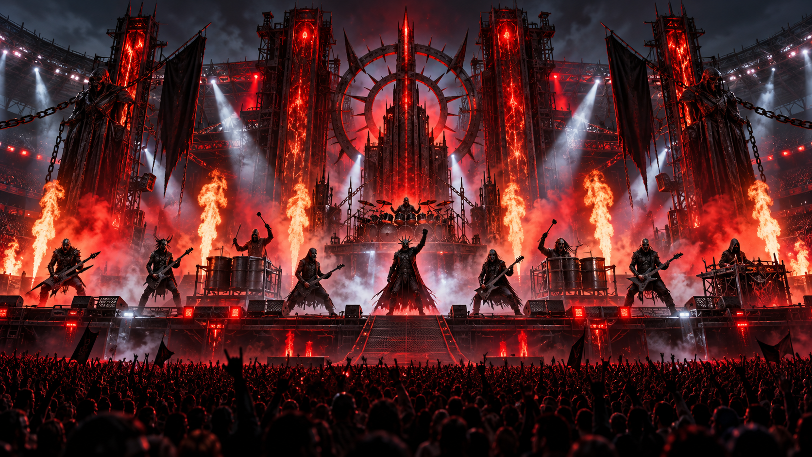 Ilustración editorial de nueve músicos enmascarados anónimos sobre un gran escenario de metal rojo en un estadio