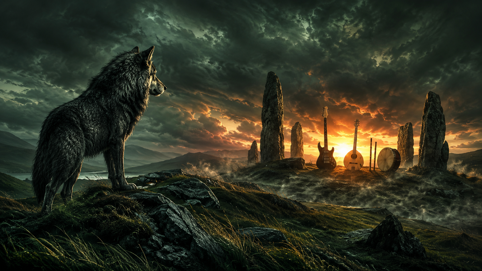 Ilustración editorial de un lobo en un paisaje irlandés ante instrumentos de folk metal y piedras antiguas