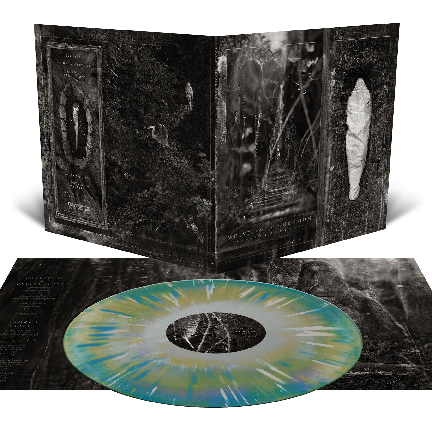 Edición oficial de Estuary de Wolves in the Throne Room con vinilo marmoleado y embalaje desplegado
