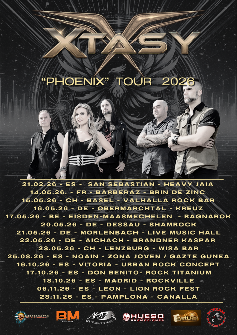 Cartel oficial de la gira Phoenix Tour 2026 de Xtasy con sus fechas españolas y europeas
